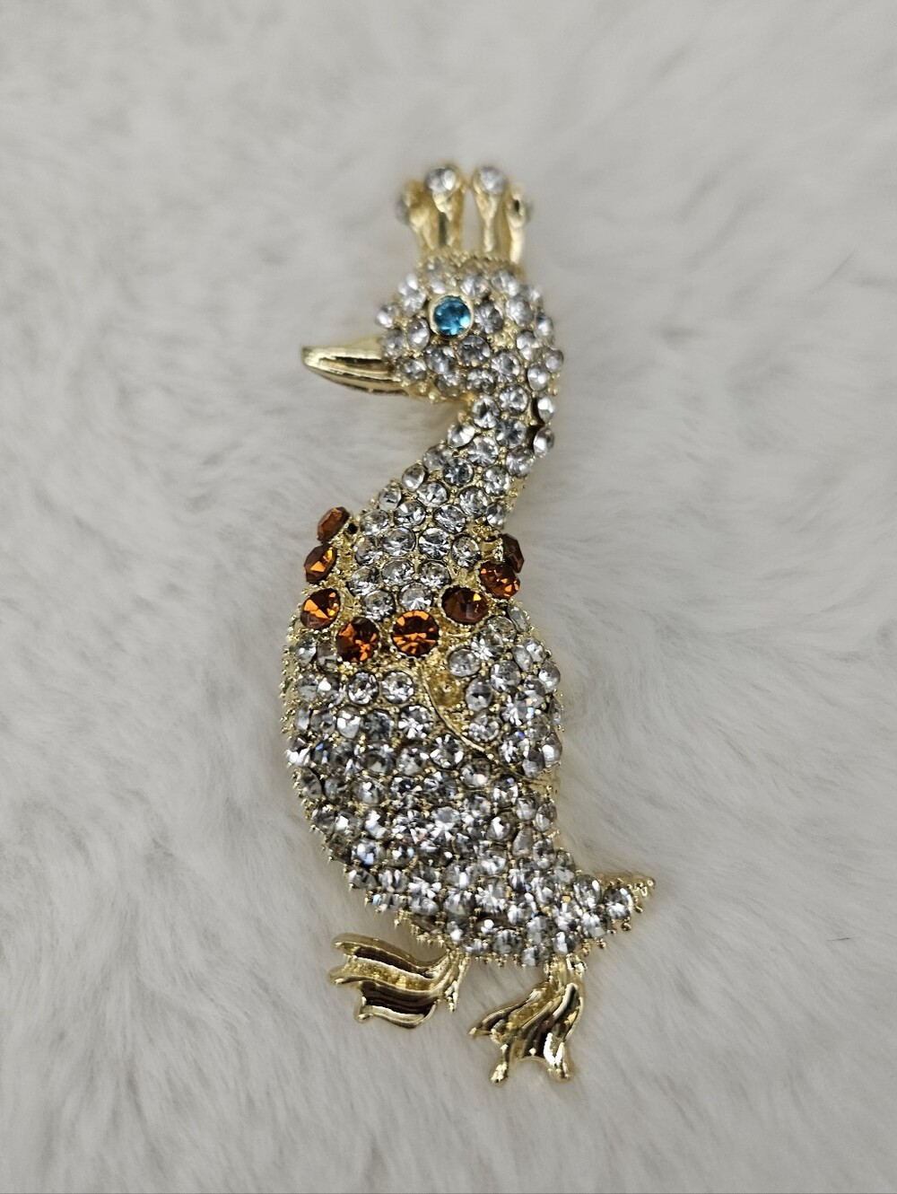 Crystal Jeweled Duck Brooch - Gold Tone with Clear & Amber Stones
